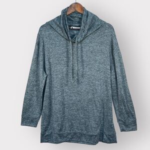Curfew Pullover Sweater Women L Blue Heather Cowl Neck‎ Kangaroo Pocket K96